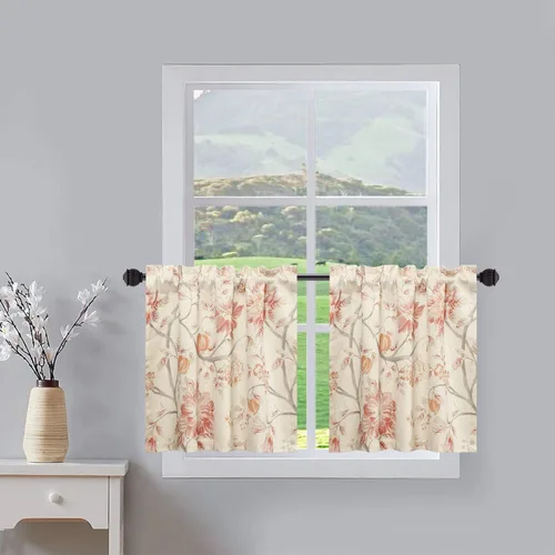 Vista 35 de Leeva Elegantes cortinas azules con pájaros en capas para sala de estar, cortinas de media ventana con textura de lino, bolsillo para barra