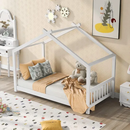 Vista 8 de Harper & Bright Designs Cama de casa para niños, cama individual de madera con cabecera y estribo, marco de cama individual para niños pequeños