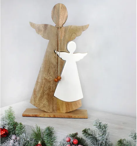 Vista 2 de AuldHome Design Estatua de ángel de anidación esmaltada de madera; figura de decoración navideña de granja primitiva
