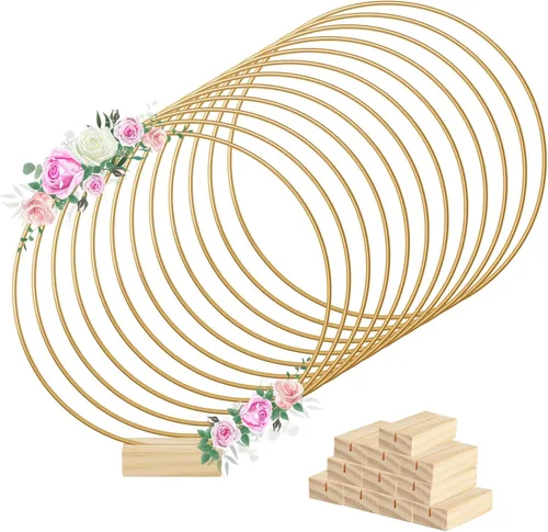 Vista 12 de BOUBONI 5 piezas de centro de mesa de aro floral de metal de 8 pulgadas con 5 soportes de madera para mesa de corona de metal soporte para centro