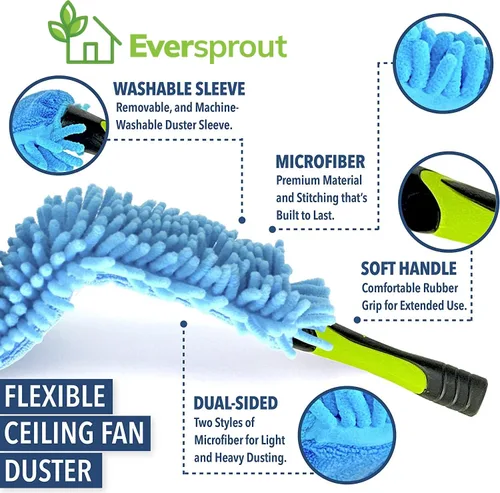 Vista 12 de EVERSPROUT Plumero de microfibra flexible de 3 pies para techo y ventilador, flexible para limpiar cualquier aspa, cabezal de cepillo extraíble