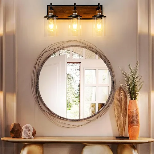 Vista 6 de Lanhall Lámpara de baño de 3 luces, estilo granja, vintage, sobre espejo, de metal pintado en madera y negro con pantalla de cristal, enchufe E26