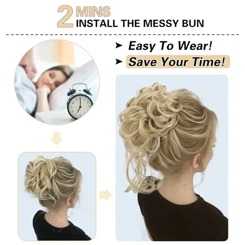 Vista 3 de HMD 5 piezas de moño despeinado para mujer, extensión de cabello con banda de goma elástica, extensión de cabello largo y desordenado, accesorios