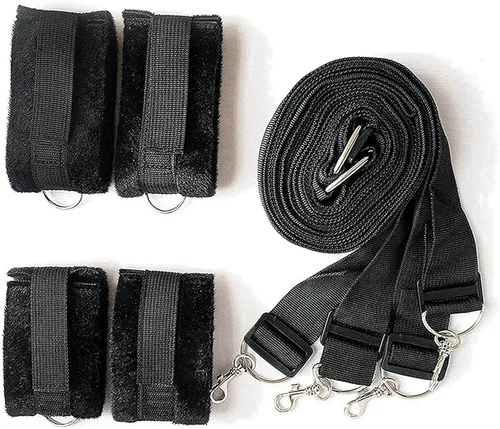 Vista 2 de Bandas de resistencia sexual, kit de bondage para cama Queen, correas ajustables de muñeca y tobillo para postes de cama, sujeción