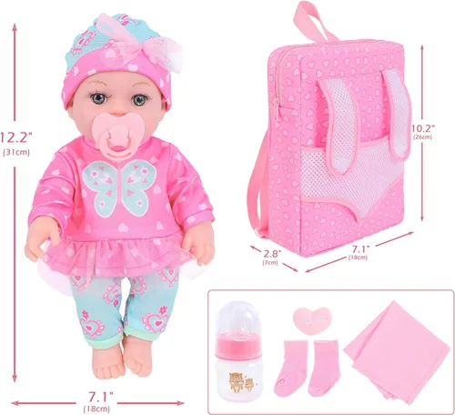 Vista 6 de DONTNO Muñeca de bebé de 12 pulgadas con ropa y mochila, muñeca Reborn con pezón de biberones