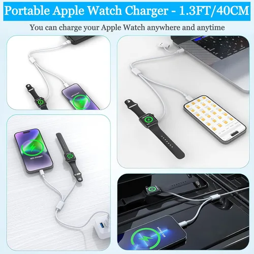 Vista 2 de Cargador corto 3 en 1 para Apple Watch, cable de carga portátil compatible con iWatch Series 10/Ultra 2/SE 2/9/8/7/6/5/4/3/2/1 y iPhone