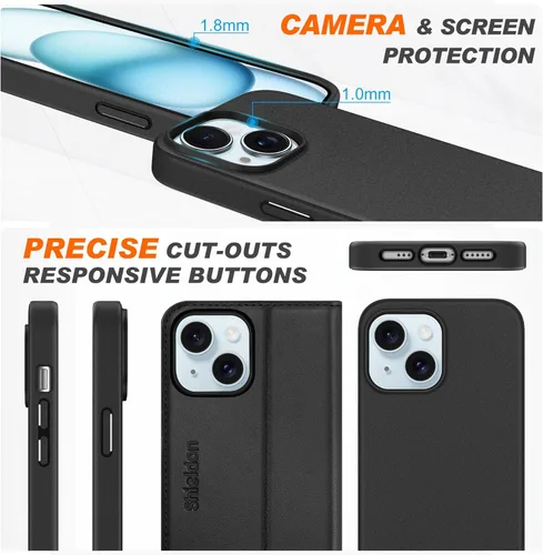 Vista 8 de SHIELDON Funda para iPhone 15 2023, funda de piel auténtica desmontable tipo cartera con función atril, bloqueo RFID, ranuras para tarjetas