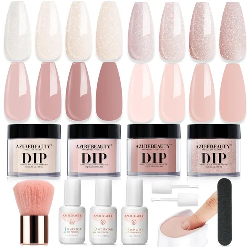 Vista 17 de Azurebeauty - Kit de uñas de inmersión para Navidad, 4 colores, rojo, verde, oro con brillo, sistema de polvo de inmersión, bandeja de reciclaje