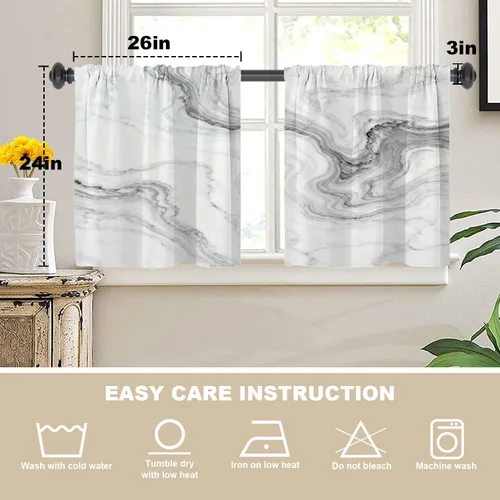 Vista 5 de Cortinas opacas de mármol abstracto blanco y gris para ventanas, cenefas opacas de poliéster multicapa para cocina, paquete de 2 unidades, 26 x 24