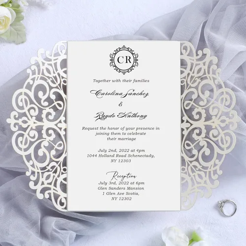 Vista 23 de ponatia 25 tarjetas de invitaciones de boda de 5.12 x 7.1 pulgadas con purpurina plateada cortadas con láser con sobres para tarjetas de invitación