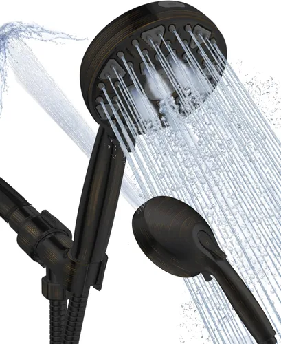 Shower Head With Handheld 7 Settings High Pressure, Built-in Power Wash, 5" High Powerful Hand Held Rain Showerhead with Stainless Steel Hose and