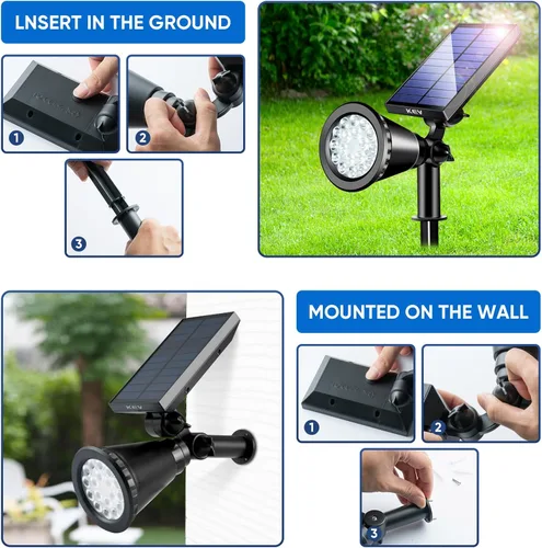 Vista 5 de KEV Focos solares de 800 lúmenes para exteriores, 18 luces LED de inundación solares con 2 modos y ajustables e impermeables IPX65, foco solar