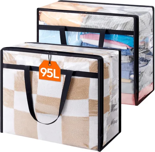 Vista 15 de Lifewit Paquete de 2 bolsas transparentes de almacenamiento de ropa, 75L almacenamiento grande de mantas de plástico, bolsas de mudanza plegables