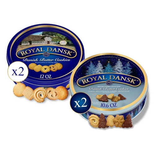 Royal Dansk Paquete de 4 galletas navideñas, paquete múltiple exclusivo de Amazon de galletas de mantequilla danesas originales, latas festivas para