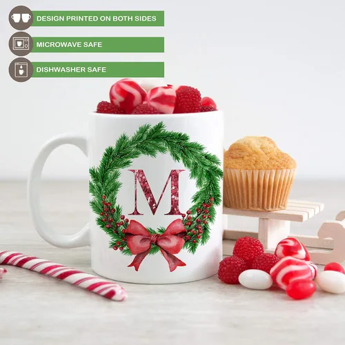 Vista 3 de Personalized Christmas Wreath Initial Ceramic Coffee Mug, 11 or 15 oz
