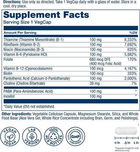 Vista 2 de SOLARAY Complejo de vitamina B de 100 mg – Energía celular, nervios y apoyo a la salud cardíaca – Suministra las 8 vitaminas del complejo B