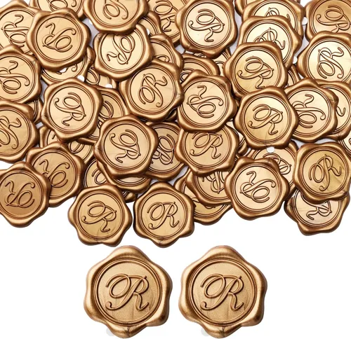 Vista 25 de Yoption Calcomanías para sello de cera con inicial H, paquete de 100 calcomanías autoadhesivas de oro antiguo para bodas, fiestas, cumpleaños