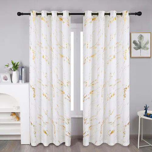 Vista 9 de Taisier Home Cortinas de Lino con Textura y Estampado de Lámina Dorada - Diseño de Patrón Geométrico de Mármol para Sala de Estar - Tratamiento