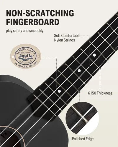 Vista 4 de Donner Ukulele Soprano para Principiantes de 21 Pulgadas, Ukulele Mate, Kit para Principiantes con Bolsa, Correa, Afinador, Cuerdas, Púas, Paño