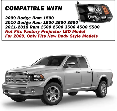 Vista 5 de SOCKIR Conjunto de faros delanteros Quad para camioneta Compatible con Dodge Ram 1500 2009-2018/Dodge Ram 2500 3500 2010-2018 Reemplazo OE