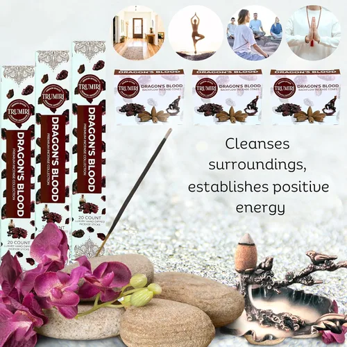 Vista 3 de Dragons Blood Inciense Sticks & Backflow Incienso Conos para Cascada Combo Pack 60 varillas de incienso + 30 conos de reflujo Insents Conos