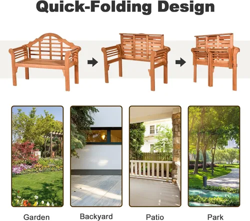 Vista 7 de Giantex Banco de madera para exteriores, banco de jardín plegable de eucalipto de 4 pies, silla biplaza para dos personas sólida con respaldo