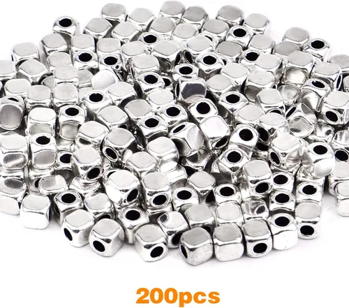 Vista 2 de BronaGrand 200 cuentas espaciadoras cuadradas de plata antigua, cubo de aleación, cuentas lisas sueltas para pulseras, collares, manualidades