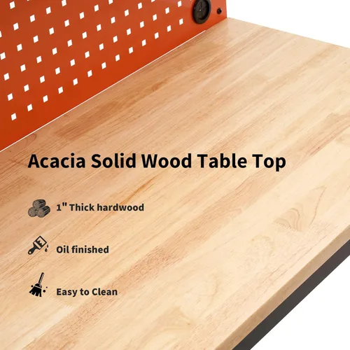 Vista 4 de MCombo Banco de trabajo ajustable con mesa de madera maciza para garaje, mesa de trabajo de acero con 2 tableros de clavijas Bench48 (naranja)