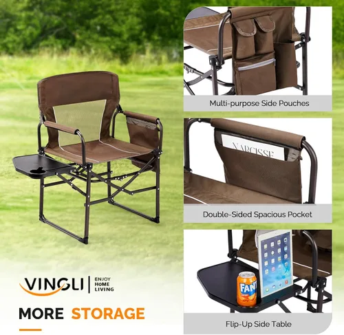 Vista 5 de VINGLI Sillas de campamento, silla de director, silla de camping con mesa auxiliar y bolsa de transporte, sillas de campamento resistentes