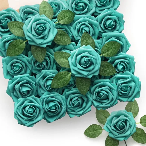 Vista 15 de Mocoosy 50 rosas artificiales de color blanco crema, rosas falsas para decoración, rosa de espuma beige de tacto real a granel con tallo