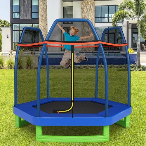 Vista 9 de GYMAX Trampolín para niños, cama elástica de 7 pies con red de seguridad y almohadilla de resorte sin costuras, trampolín pequeño de alta