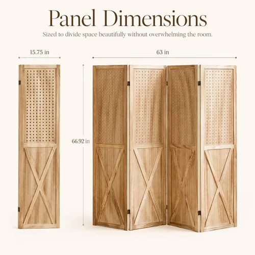 Vista 2 de Divisor de Habitación de Madera con Tablero Perforado de 4 Paneles, Pantalla de Privacidad Plegable con Exhibidor de Tablero Perforado de 5.6 Pies