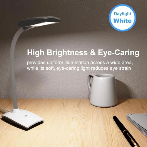 Vista 5 de Lámpara de escritorio LED de 3 brillos regulable para cuidado de los ojos, lámpara de mesa blanca flexible de cuello de cisne táctil, luz