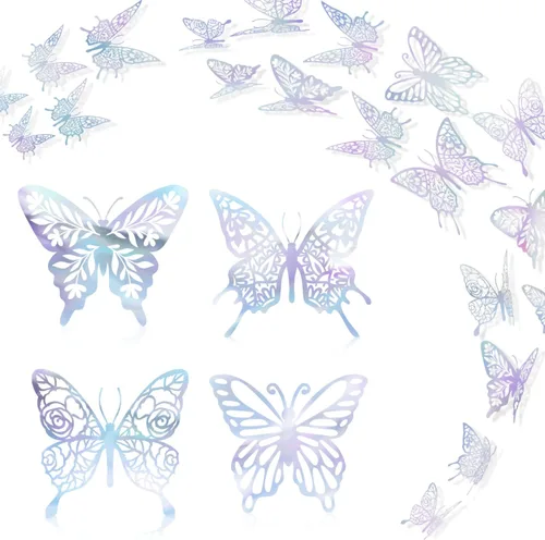 Vista 10 de Calcomanías de mariposa dorada de Navidad, 48 unidades, 3 tamaños, 4 estilos, decoraciones de fiesta de mariposa, globos, decoraciones de pastel
