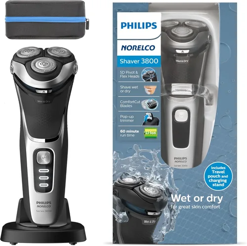 Vista 9 de Philips Norelco Shaver 3900 Series, afeitadora eléctrica húmeda y seca, P-Cap, estuche de viaje, soporte de carga, azul tormenta, modelo S3341/92