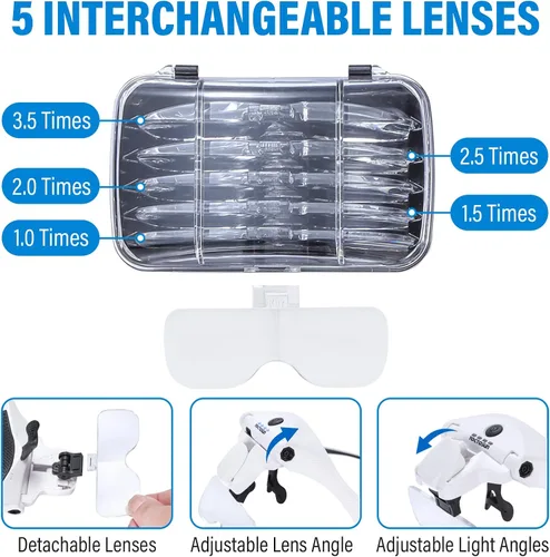 Vista 4 de YOCTOSUN - Lentes de aumento con 4 luces LED, lupa de montaje en la cabeza con estuche de almacenamiento, 5 lentes, diadema, visor de aumento
