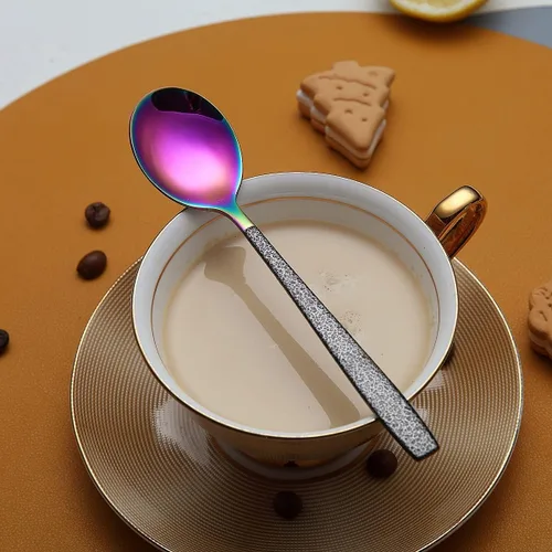 Vista 5 de Juego de cubiertos de 20 piezas con revestimiento de cabeza de arco iris con mango negro de Marte negro, acero inoxidable titanio colorido chapado