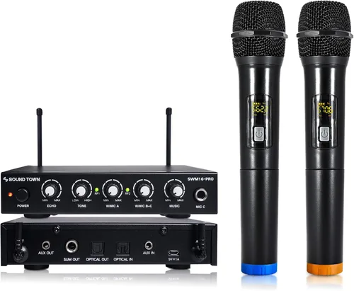 Vista 8 de Sound Town Sistema Mezclador de Karaoke con Micrófono Inalámbrico de 100 Canales con 2 Micrófonos de Mano de Metal, Óptico (Toslink), AUX