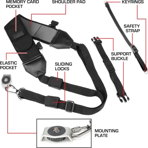 Vista 3 de USA Gear Correa de hombro para cámara con neopreno ajustable, correa de seguridad, bolsillo para accesorios, hebilla de liberación rápida, Negro