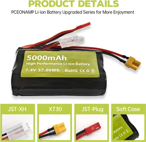 Vista 3 de sea jump Batería de iones de litio de 7.4V 5000mAh 2S con enchufe JST y enchufe XT30 con cable de carga USB adecuado para TX16S, TX18S, RC4GS