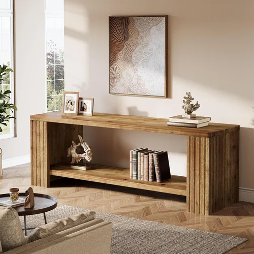 Vista 4 de Soporte de TV de madera maciza para televisores de 55/60/65/75 pulgadas, centro de entretenimiento de granja con estante de almacenamiento de 2