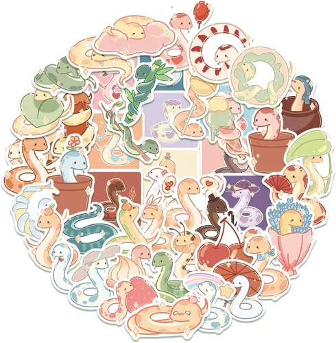Paquete de 50 calcomanías de serpiente de dibujos animados, lindo vinilo impermeable para laptop, patineta, botella de agua, teléfono, álbum de