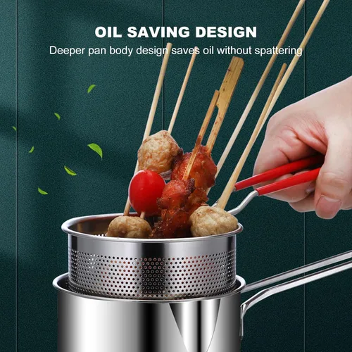 Vista 2 de Luqeeg Olla para freidora, mini sartén de metal portátil, ahorro de aceite con mango largo, juego de freidora de acero inoxidable para cocina, papas