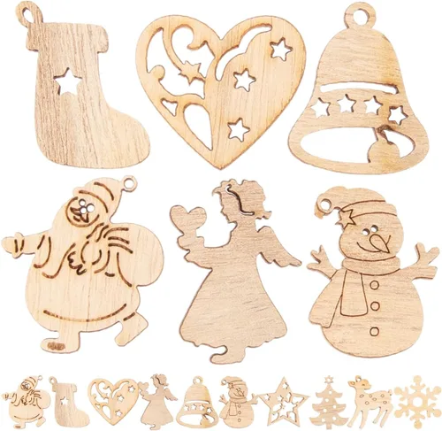 Vista 2 de EXCEART Decoraciones de Navidad, 100 piezas de adornos de madera de Navidad, rebanadas de madera sin terminar, decoración colgante para árbol