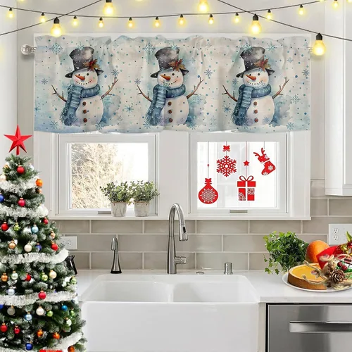 Vista 2 de Cenefas de cortina de cocina con diseño de muñeco de nieve azul para ventanas, cenefa de Navidad para cortinas y cortinas de ventana de cocina