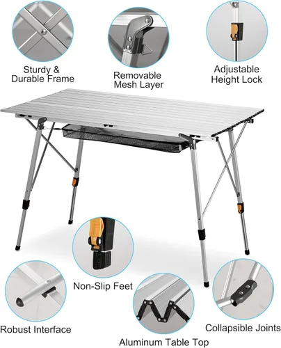 Vista 3 de FiveJoy Mesa de campamento plegable portátil para exteriores, mesa de campamento de picnic con patas de aluminio, altura ajustable, mesa enrollable