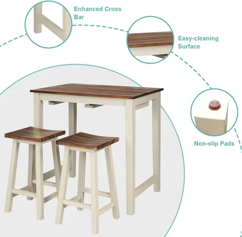 Vista 4 de GIANTEX Juego de comedor de 3 piezas, mesa de pub de altura de mostrador con 2 taburetes de bar, juego de mesa de colección de taberna para sala