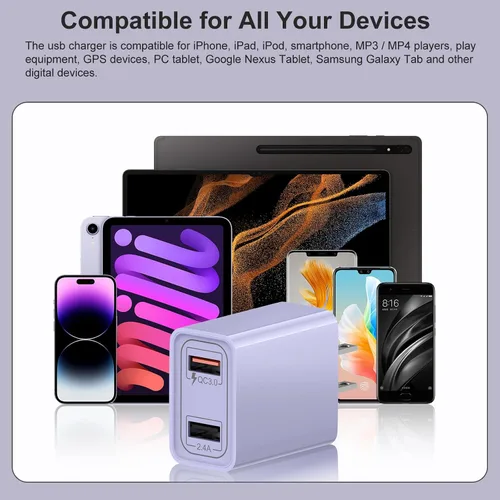 Vista 7 de [Paquete de 4] Cargador de pared USB-C, adaptador de corriente QC 3.0 de doble puerto de 30 W, bloque de carga rápida de doble enchufe compatible