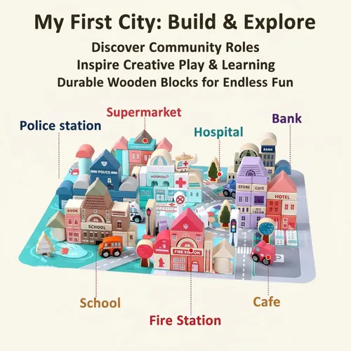 Vista 2 de Juego de bloques de construcción de madera, apilador de construcción de ciudad, juguetes educativos de aprendizaje preescolar, juguetes para niños