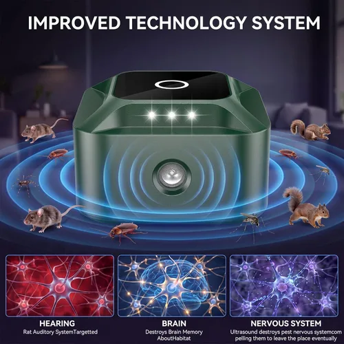 Vista 5 de Repelente ultrasónico de plagas con 4 modos, repelente de roedores para control electrónico de plagas con luz intermitente, trampas para ratones